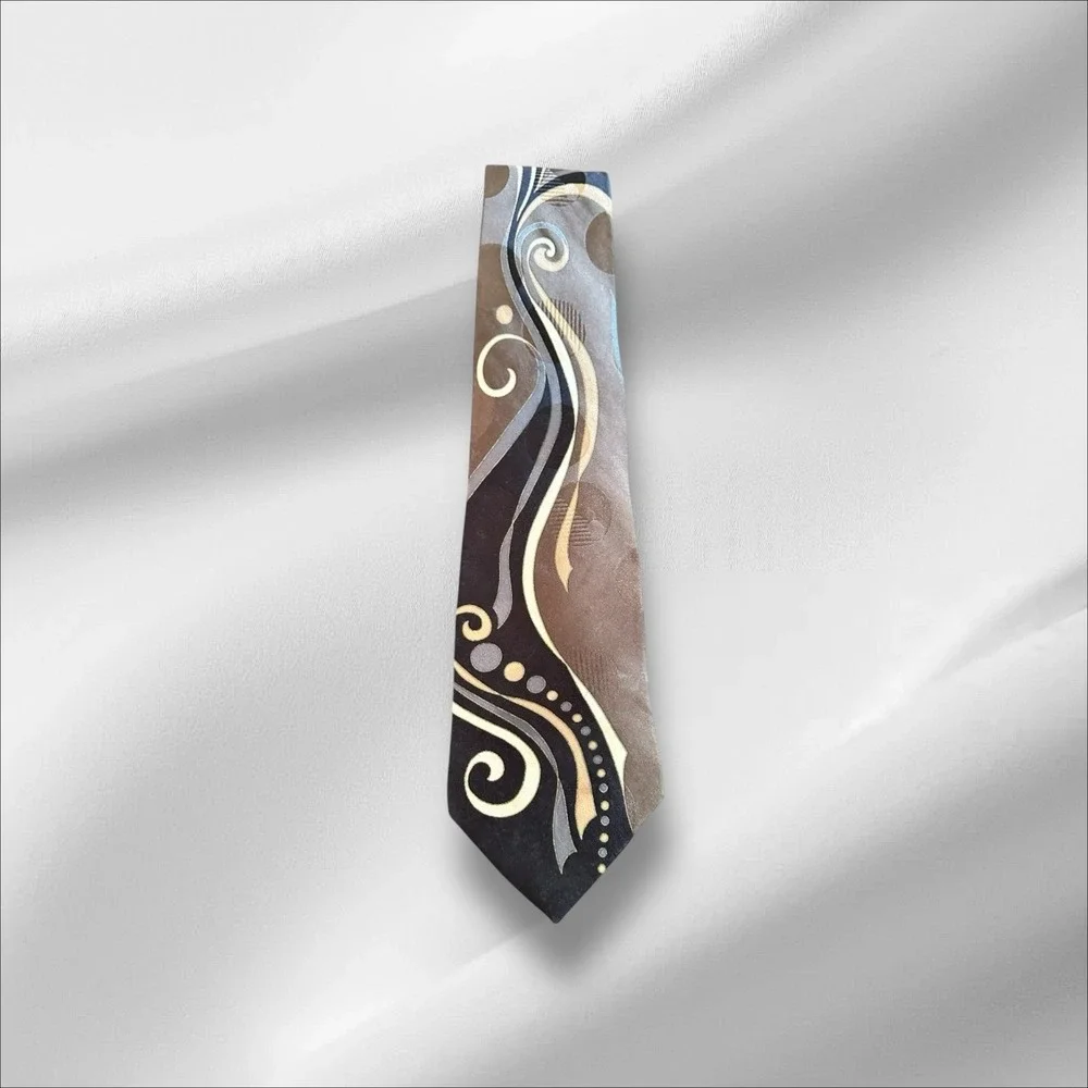 Gianfranco Ruffini Italian Silk Tie Abstract Art Deco Necktie Brown‎ Tan Swirls